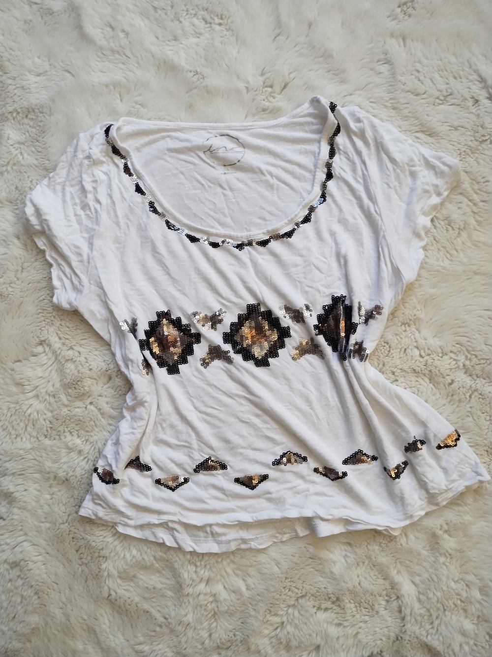 White Women’s Sequin Embellished Scoop Neck Top